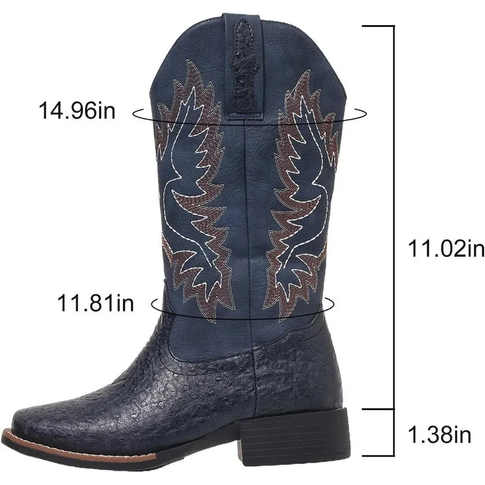 Women Blue Western Cowboy Boots for  Mid Calf Cowgirl Boot Snip Toe Chunky Heel
